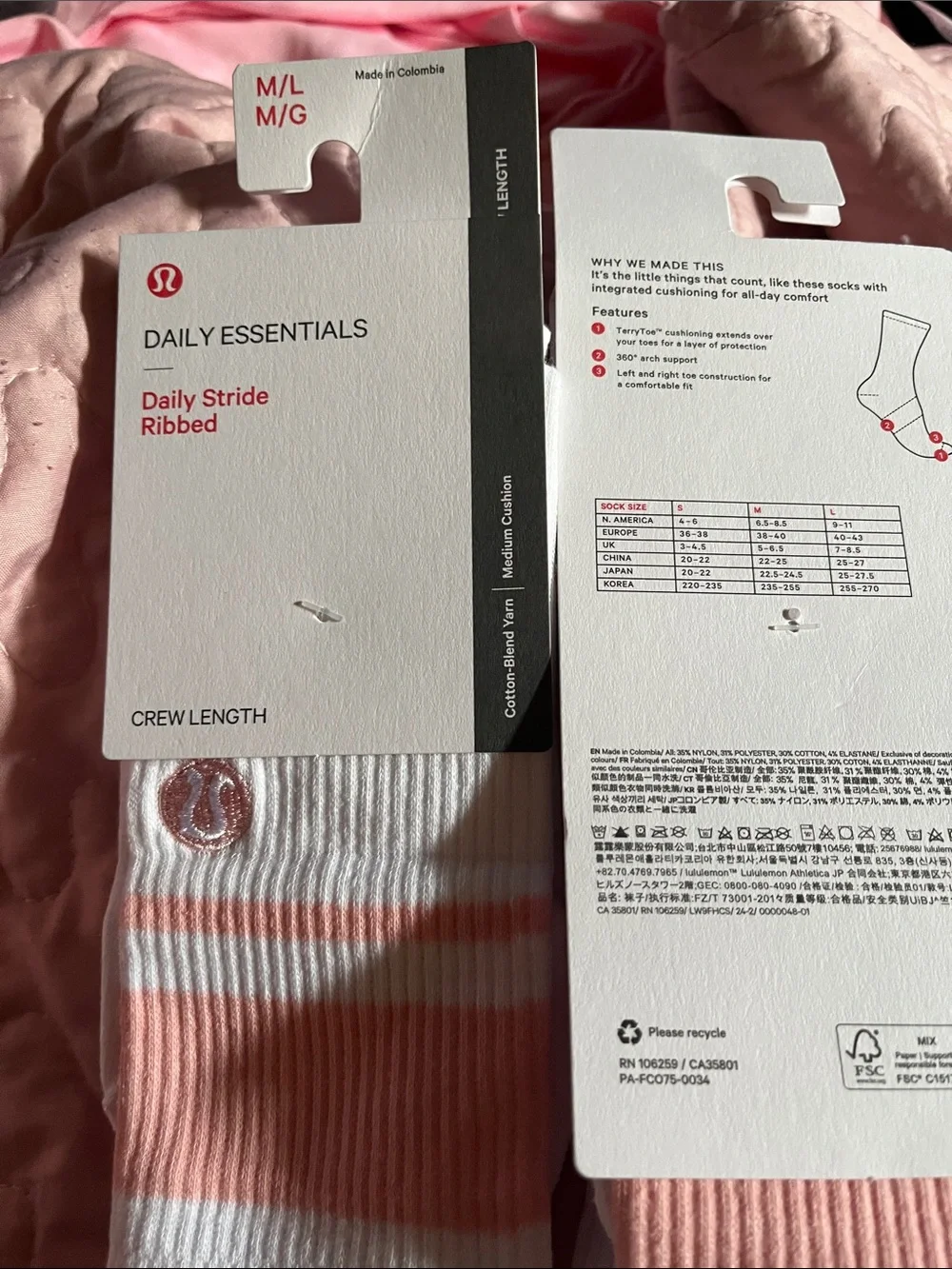 lululemon athletica Daily Stride Ribbed Crew Socks - White & Pink Stripes